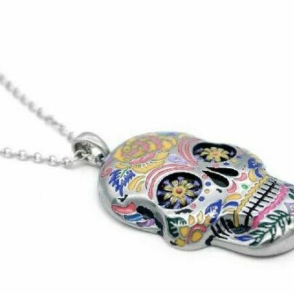 Blue Floral Sugar Skull Necklace w/Swarovski Crystals Length: 28" by Controse - Picture 3 of 4
